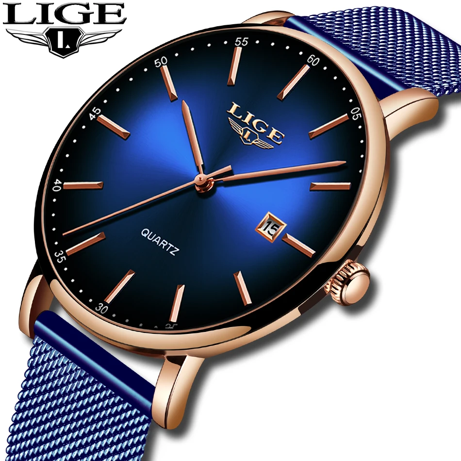 LIGE Для мужчин s часы лучший бренд класса люкс Бизнес сетки Сталь Дата