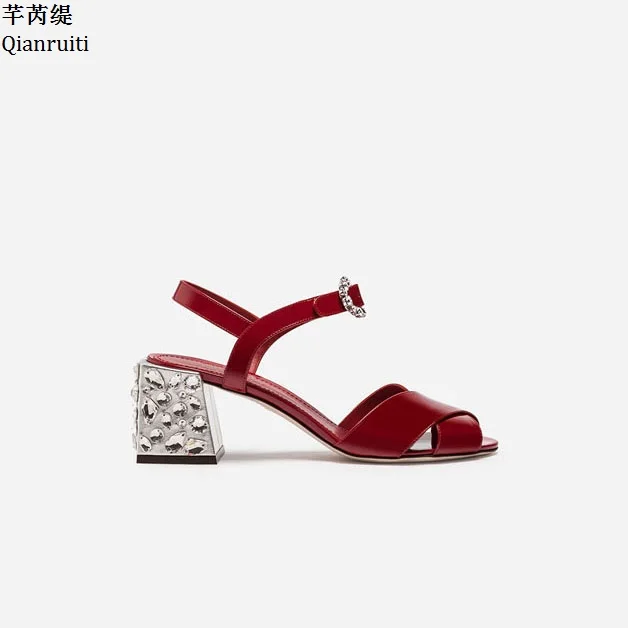 Qianruiti Printing Leather Women High Heels Sandals Open Toe Buckle Strap Pumps Studded Crystal Block Shoes | Обувь