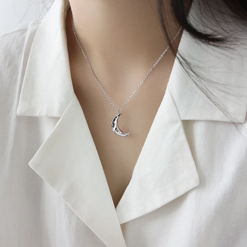 YPAY Solid 925 Sterling Silver Necklace Korean INS Minimalist Irregular Concave Surface Moon Pendant Necklaces Jewelry YMN122 | Украшения и