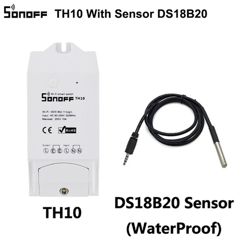 TH10 with DS18B20 Sonoff TH10 WiFi беспроводной умный дом автоматизация умный переключатель контроллер и водонепроницаемый контроль влажности через смартфон - Комплект: TH10 with DS18B20