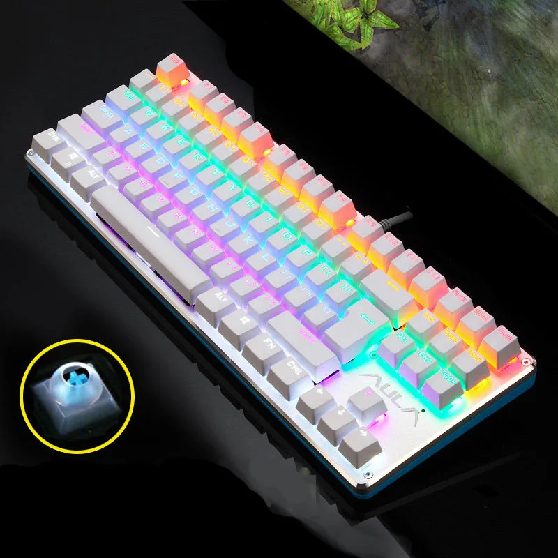 87 colorful white AULA механическая клавиатура, синий переключатель, игровая подсветка, настольный компьютер, игровая Проводная клавиатура, 87/104 клавиш, добавляющая пыль, русская наклейка - Цвет: 87 colorful white
