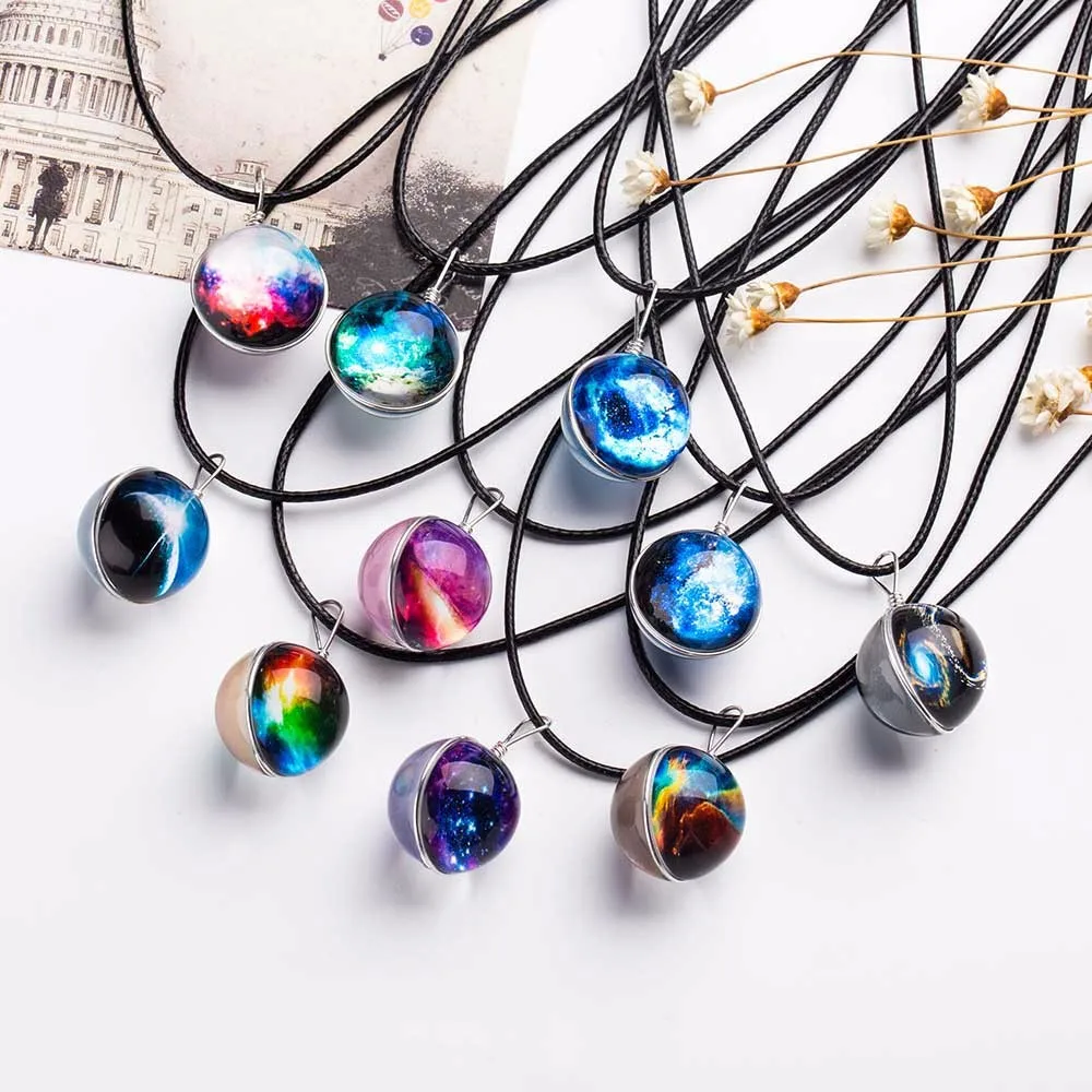 

VKME 2020 Duplex Planet Crystal Stars Ball Glass Galaxy Pattern Leather Chain Pendants Maxi Necklace Galaxy Lovely Necklace