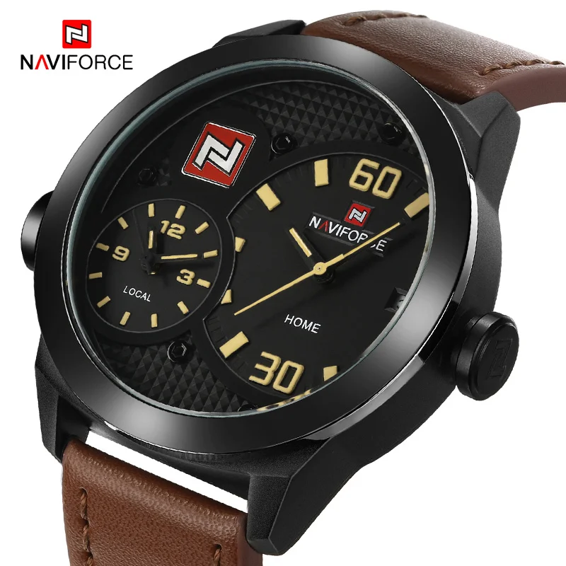 Yellow Naviforce Для мужчин Спортивные часы модные роскошные Лидирующий бренд Dual Time Повседневные часы кожаный ремешок Водонепроницаемый часы Relogio Masculino - Цвет: Yellow