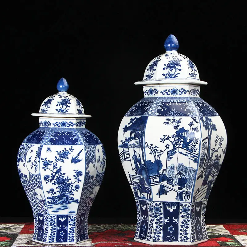 size height 32cm Цзиндэчжэнь сосуд фарфоровая керамическая декоративная ваза Китайский античный имбирь кувшин, ваза шестигранный тип синий и белый - Цвет: size height 32cm