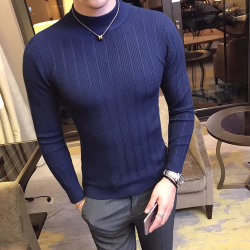 Dark blue Осень и зима мужской модный бутик хлопок сплошной цвет британский джентльмен вязаный свитер/Мужской Повседневный свитер с капюшоном - Цвет: Dark blue