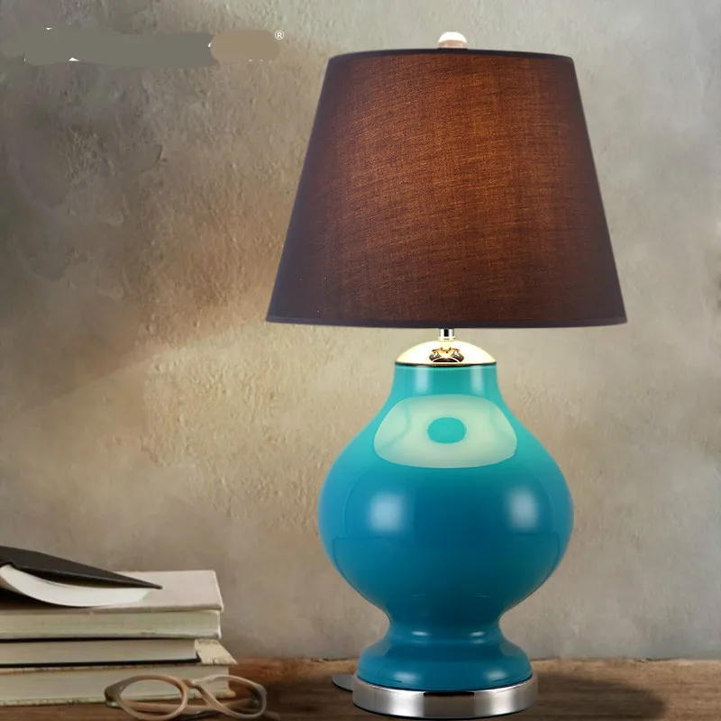 NEW Brief Modern Fashion Country Blue Glass Fabric Led E27 Table Lamp for Living Room Bedroom H 59cm 1717 | Лампы и освещение