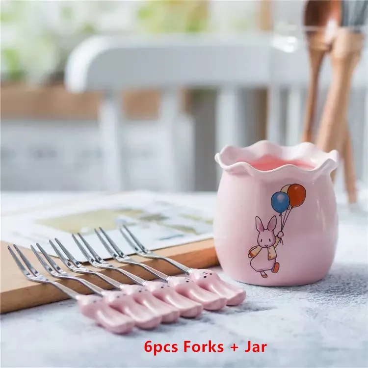 6 FORKS Творческий мультфильм керамическая ручка из нержавеющей стали набор ложек и вилок вилки для фруктов Десертные Вилки кухонные столовые приборы - Цвет: 6 FORKS