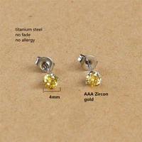 titanium with 4mm gold color zircon round stud earrings 316l stainless steel ip planting no fade no allergy