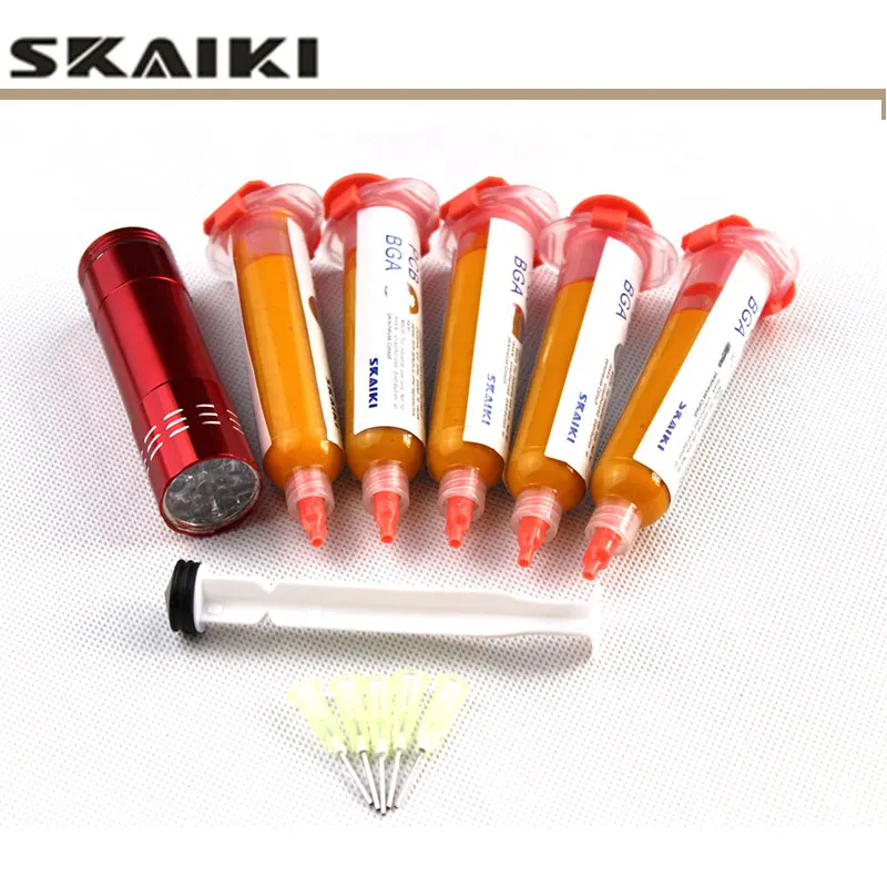5pcs 10cc Yellow UV solder mask PCB BGA PAINT PREVENT CORROSIVE ARCING welding flux + piston+UV light+5 pcs needles | Инструменты