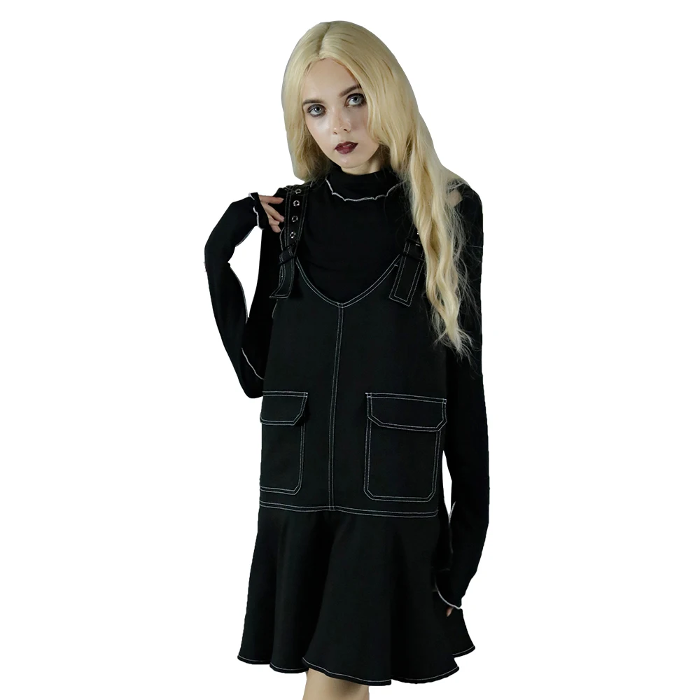 

Punk College Wind Dress Open Line Large Pocket Black Dress Female 2018 Autumn New Women's Solid Color Stitching A Word Dress