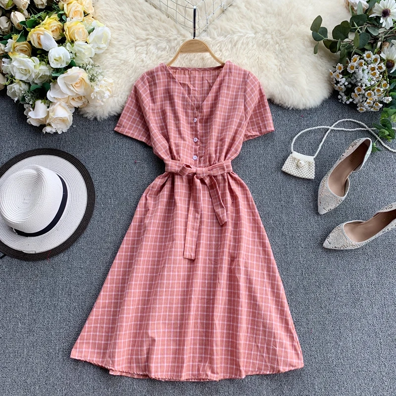 Vintage Button Slim V Neck Plaid Print Short Dress Summer Party Tie Robes Vestidos Women Casual A-Line Vestido De Festa
