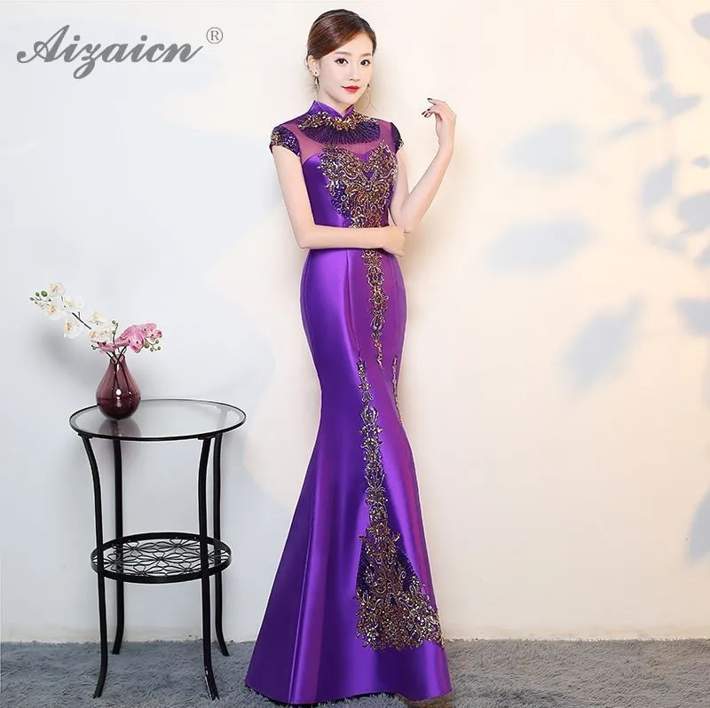Современный зеленый вышивка Cheongsam хвост русалки Длинные Qipao Fsahion платья с блестками женское китайское вечернее платье Восточный стиль