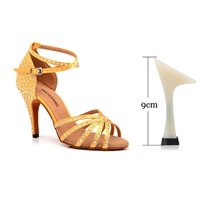 Yellow 9cm SHOYDANC/атласная обувь для латинских танцев желтого и синего цвета; женская обувь для бальных танцев со стразами; вечерние танцевальные босоножки для сальсы; обувь на каблуке 10 см - Цвет: Yellow 9cm