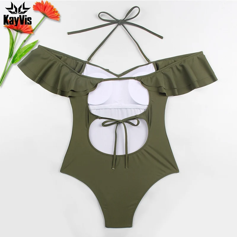 Женский цельный купальник KayVis однотонный купальный костюм с рюшами монокини