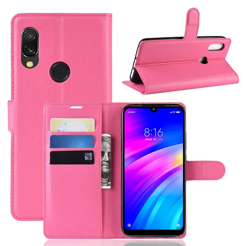Кожаный чехол для Xiaomi Redmi 7, чехол из искусственной кожи, мягкий ТПУ с отделениями для карт, с рисунком личи, флип-кошелек, чехол для телефона Redmi 7, чехол
