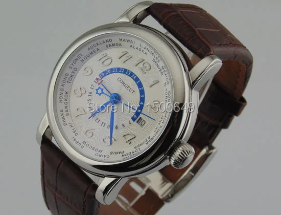 Corgeut 43 мм полированный корпус из нержавеющей стали белый циферблат 1 2 3 4 5 6 7 8 9 10 11 12