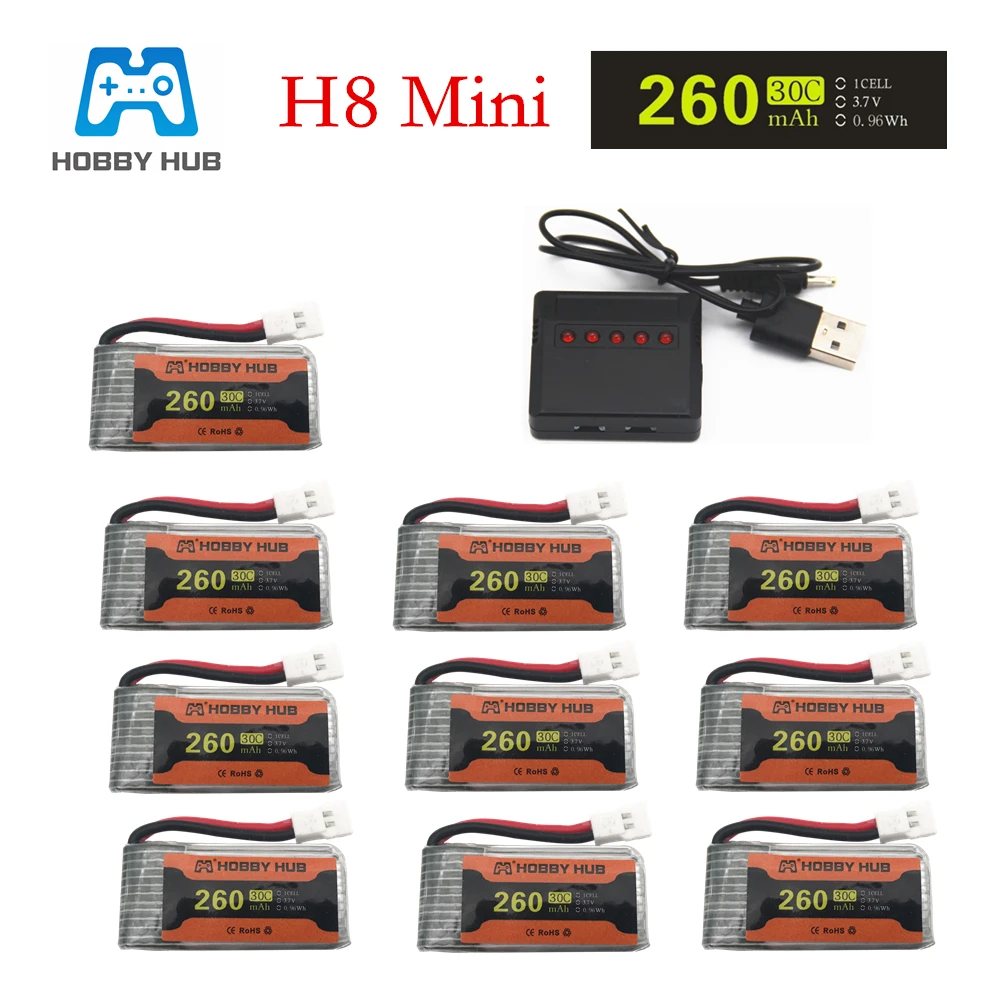 10pcs 5in1 Батарея для H8 Mini 3,7 в 260 мАч Lipo батарея с 5iв1 зарядное устройство для Eachine H8 Для H8 RC Квадрокоптер Дрон часть H8Mini - Цвет: 10pcs 5in1