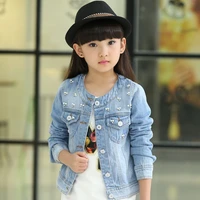korean 2021 spring summer girls fashion denim jacket kid casual short style round collar beading long sleeve outerwear coat x307