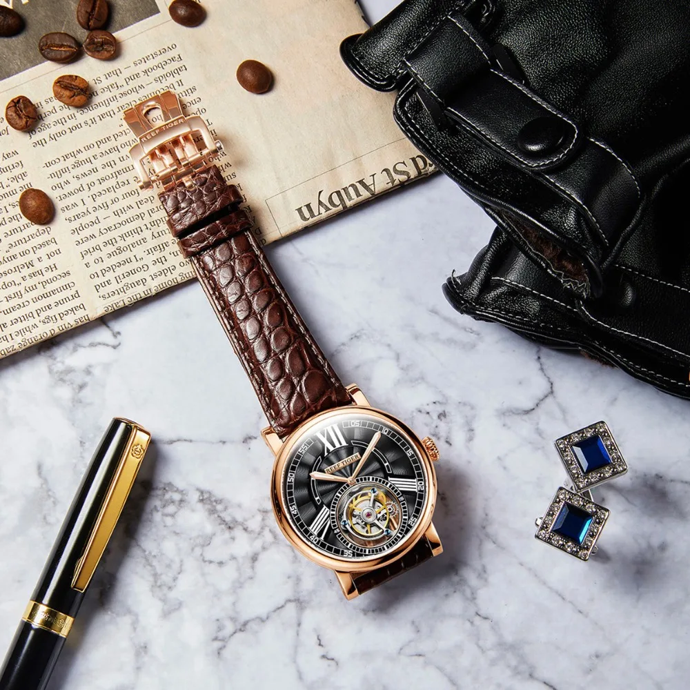 Риф Тигр/RT Роскошные повседневные часы мужские спортивные из розового золота с