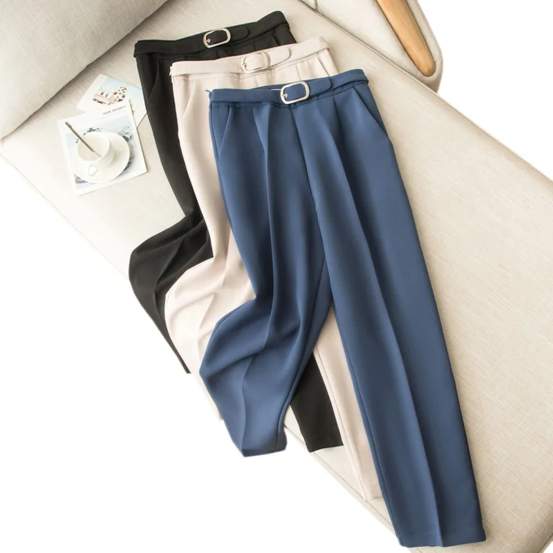 

Korean Elegant Slim Formal Office Ladies Harem Pants Women Autumn Winter Sashes Pocket Pencil Pants For Women Trousers 2021