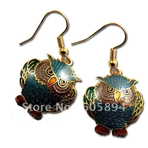 

Handmade Animal Enamel Cute Owl Earrings Chinese Cloisonne Craft Copper Dangler Fancy Women's Jewelry Eardrop 10 pairs /lot