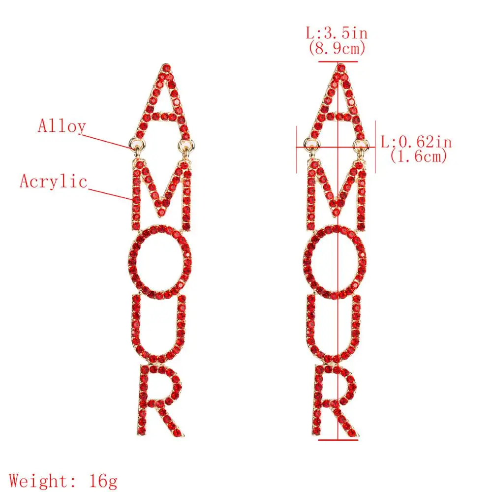 Ins преувеличенные красные романтические серьги с французскими буквами AMOUR Femme Love свадебные серьги подарок полностью из страз