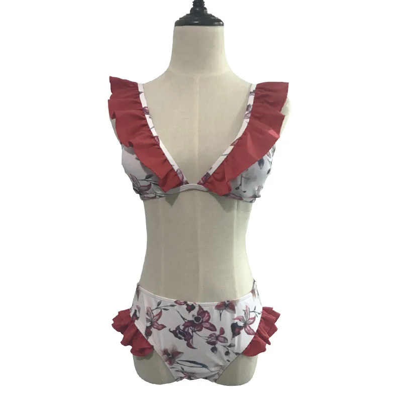 2019 Swimwear Europe and America Women's Sexy Split Print Bikini Fungus Lace High elasticity Open back |