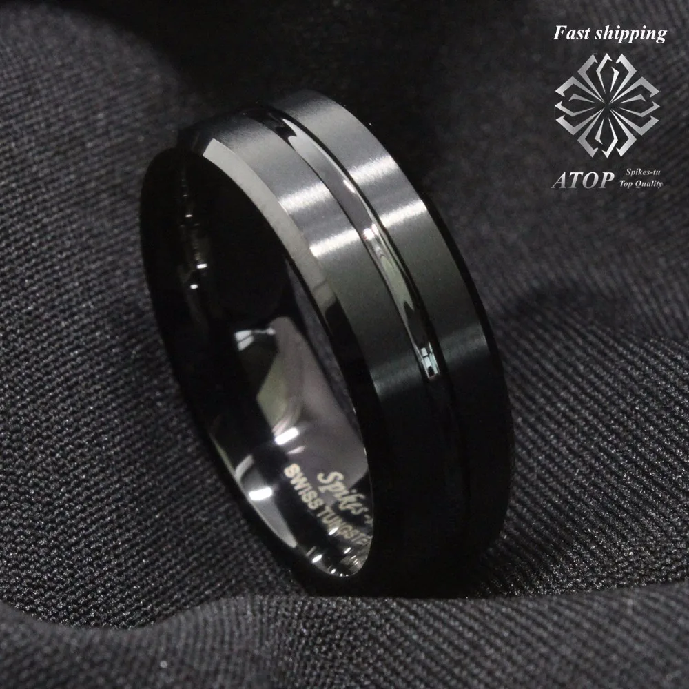 Мужское удобное кольцо 8 мм Tungsten с черным центральным каналом и полосой