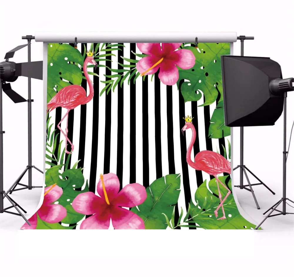 Laeacco Happy Birthday Flamingo Flower Stripe Scene Photography Backgrounds Customized Photographic Backdrops For Photo Studio |