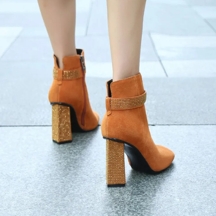 Женские ботильоны с квадратным носком оранжевые замшевые ботинки на массивном