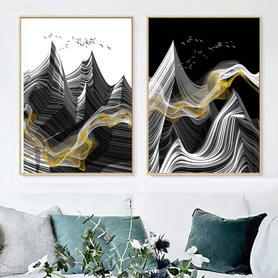 

Abstract Line Mountain Bird Landscape Wall Art Canvas Painting Nordic Posters And Prints Wall Pictures For Living Room Decor