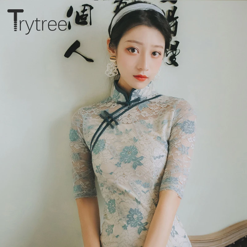 Летнее женское платье Trytree 2020 повседневные элегантные кружевные платья Ципао с