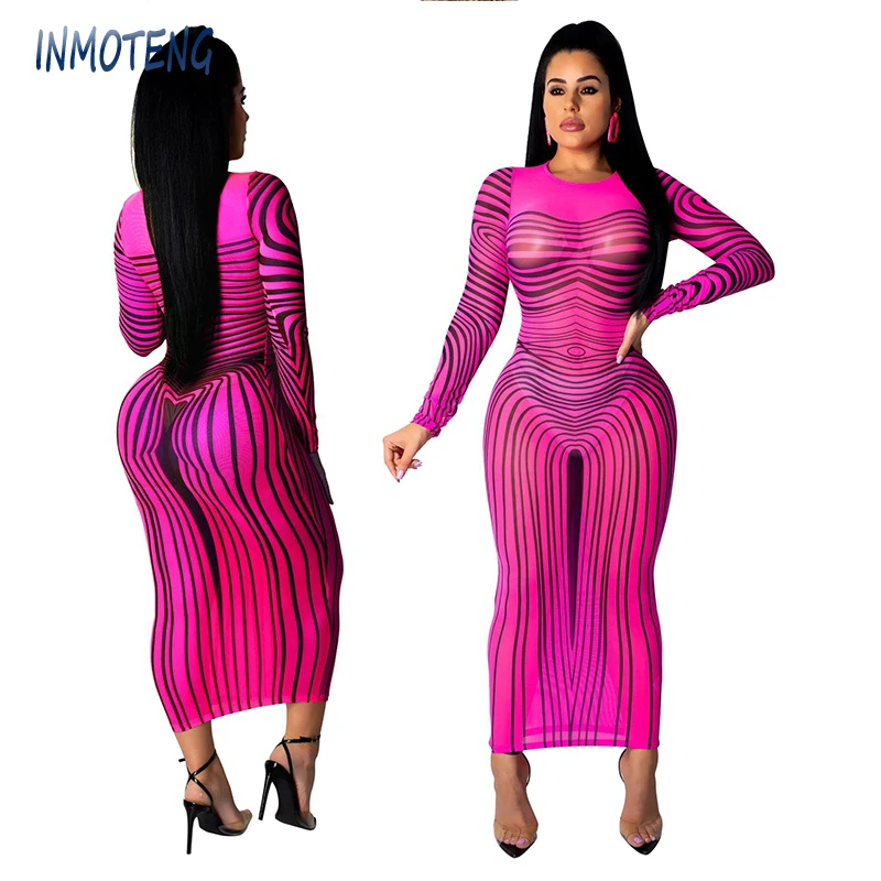 INMOTENG для женщин летние сетчатые See Through Stripes осень Прозрачный Bodycon миди платье