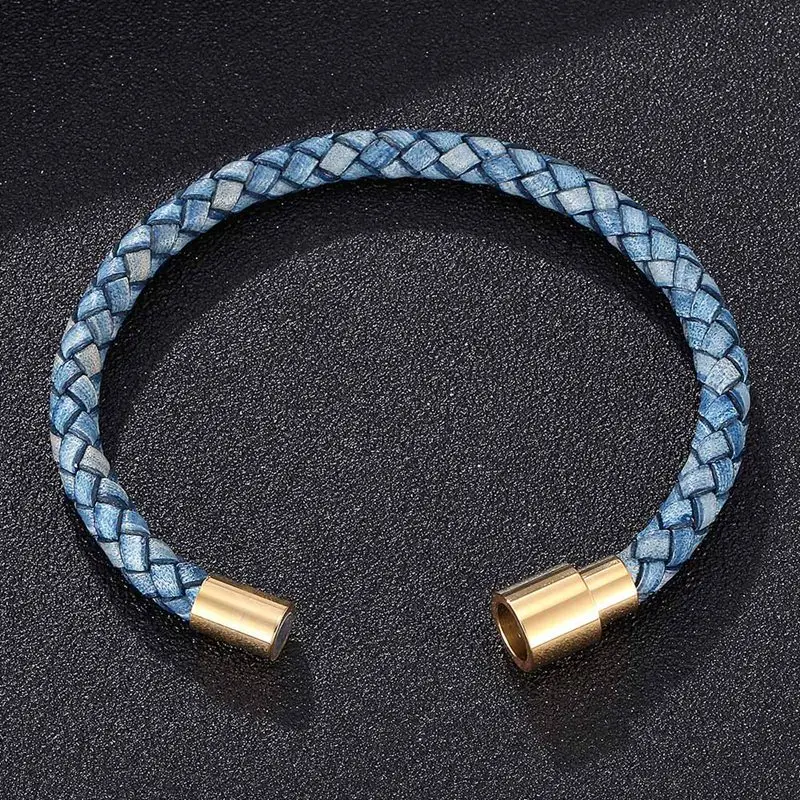 Модный мужской синий плетеный кожаный браслет ручной работы золотистый из