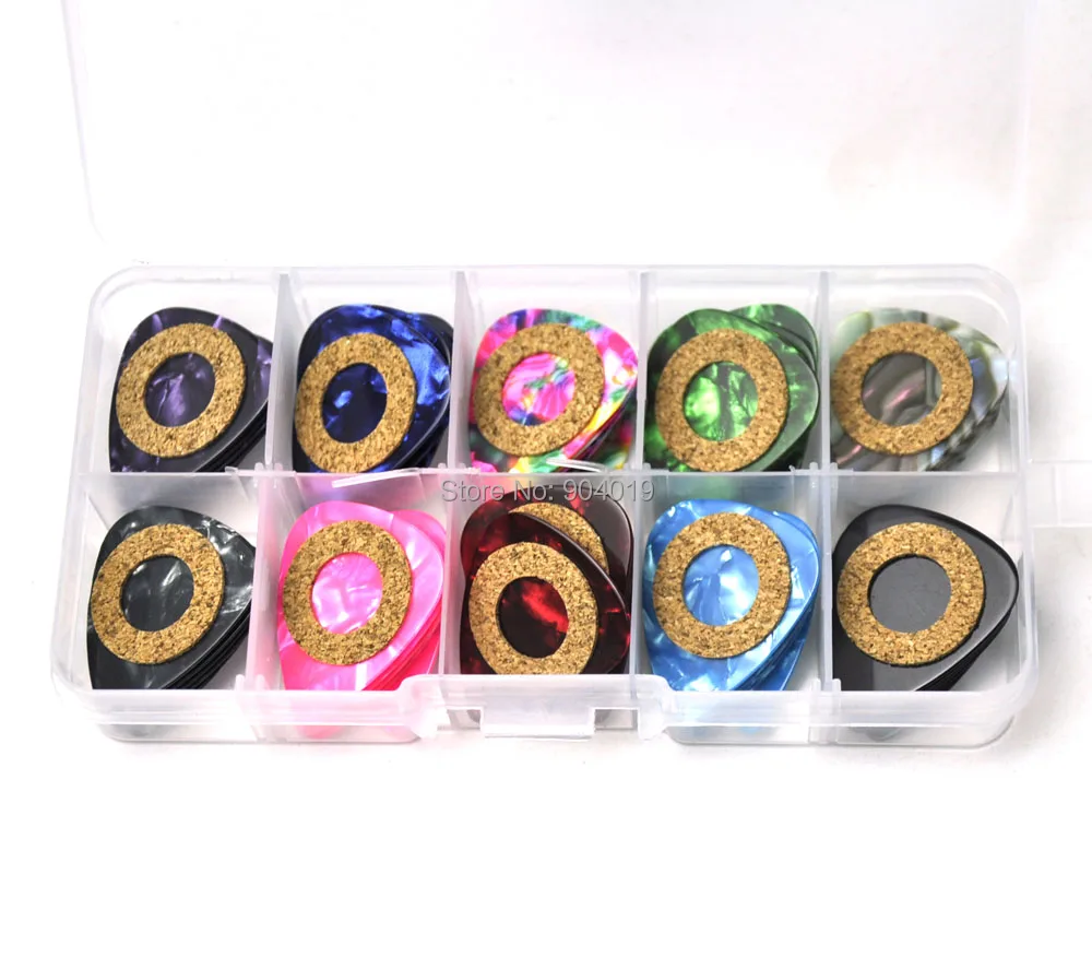 

50pcs Medium 0.71mm Antiskid Cork Grip Celluloid 351 Guitar Picks Plectrums With Display Box