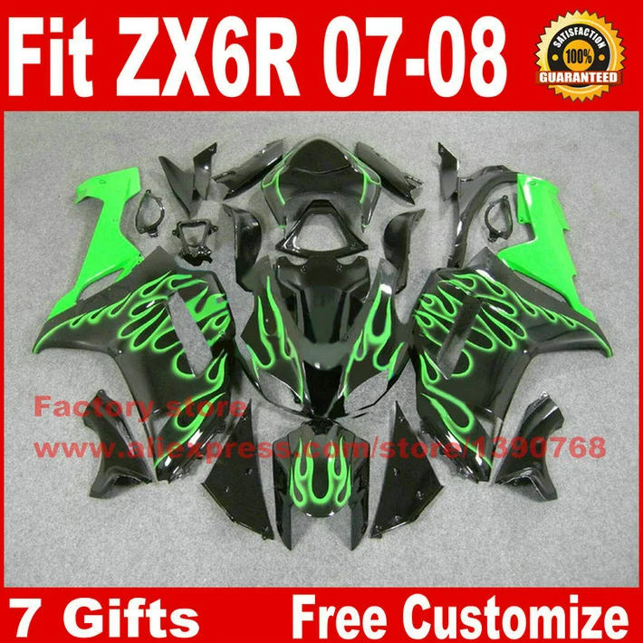 Full fairing kit for Kawasaki ZX6R 2007 2008 motorcycle fairings ZX-6R 07 08 Ninja 636 green flames in black bodywork set CS40 | Автомобили