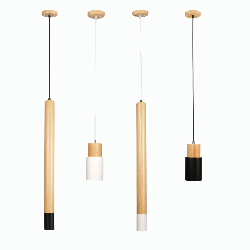 

Modern brief minimalist creative wood pendant light fixture nordic home decor bedroom bedside straight black iron pendant lamp