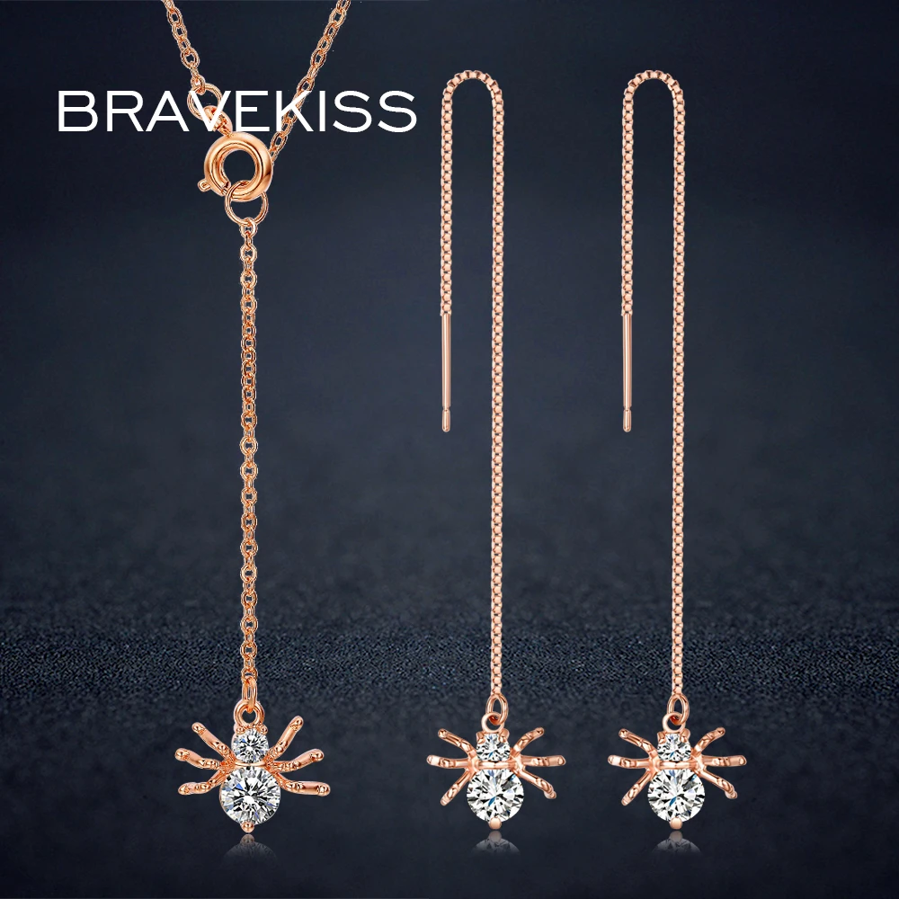 

BRAVEKISS Luxury Insect Spider Long Chain Dangle Jewelry Sets Necklace Cute Drop Earrings CZ and Pendants set for Women BUS0034