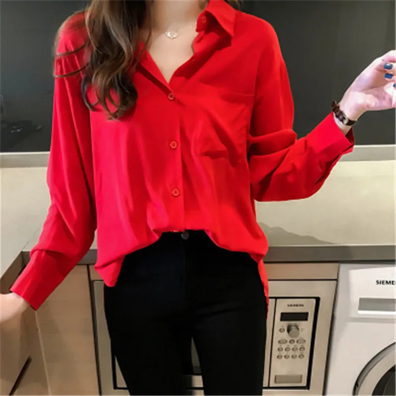 2019 Blusa женская блузка элегантная Красная Зеленая атласная рубашка с отложным