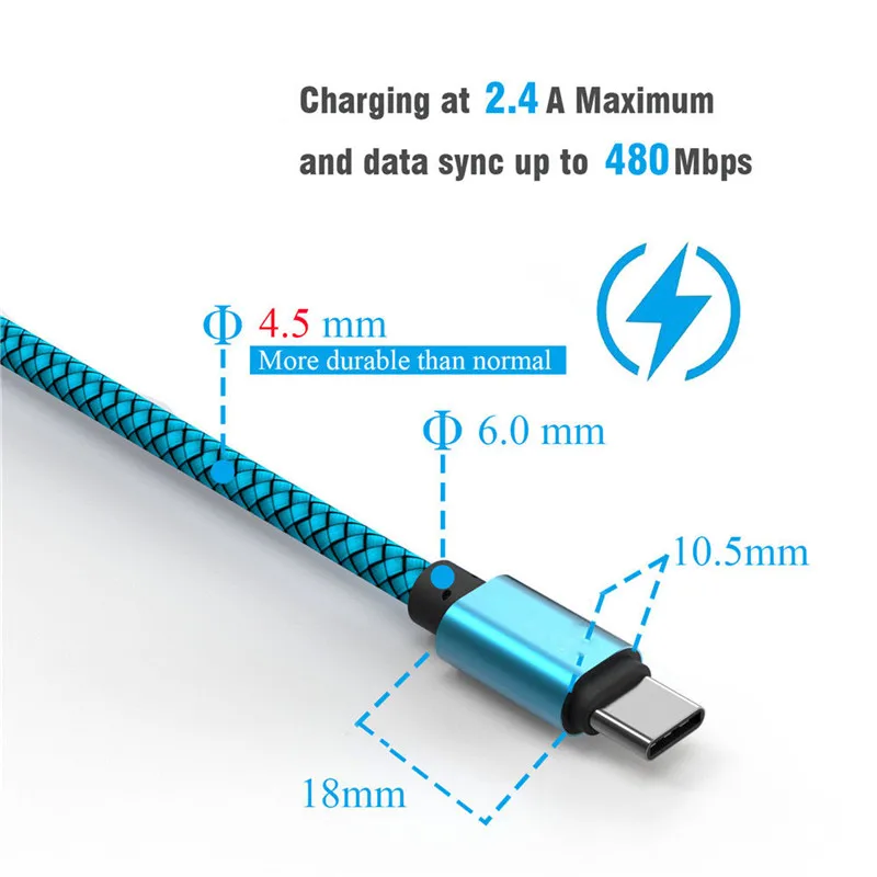 1 м/2 м/3 м многоцветный Новый Плетеный Quick Charge Тип USB C кабель Мобильный телефон