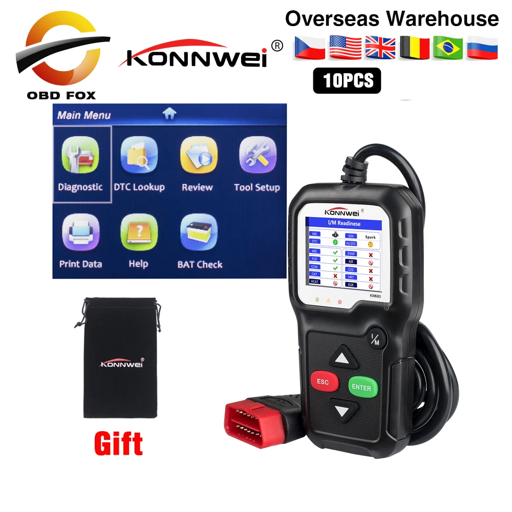 10 шт./лот Konnwei KW680 полный obd2 считыватель кода сканер кВт 680 для российского газа