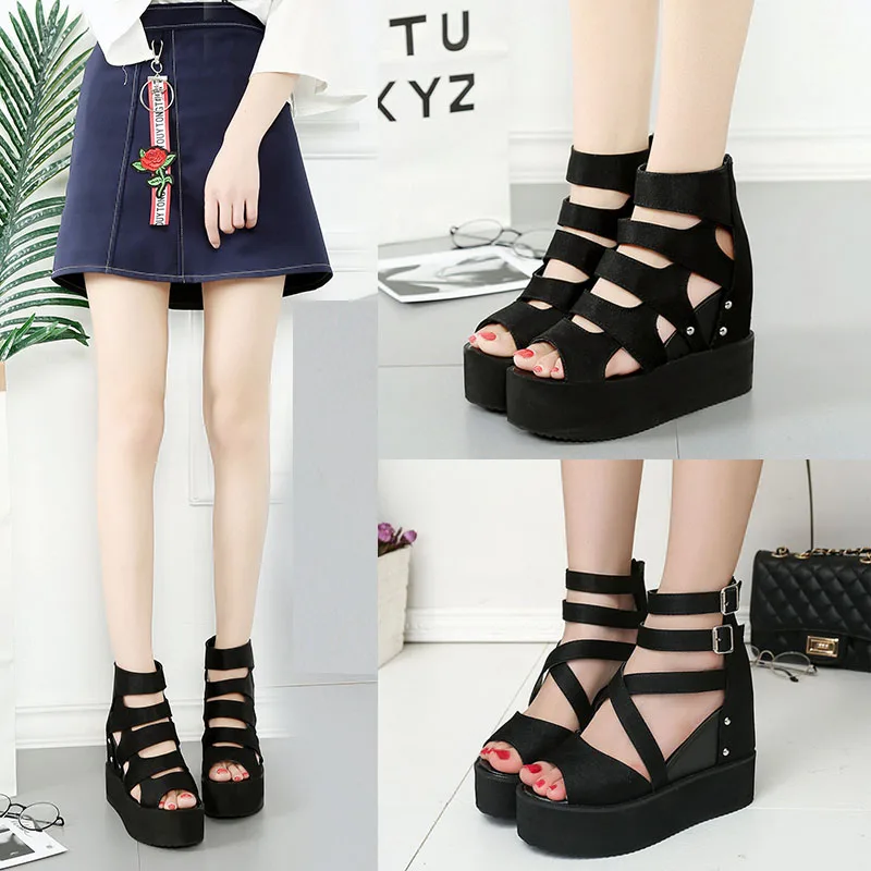 

Increased sandals female 2018 Europe spring summer new thick bottom wedge women's shoes fish mouth black breathable platform