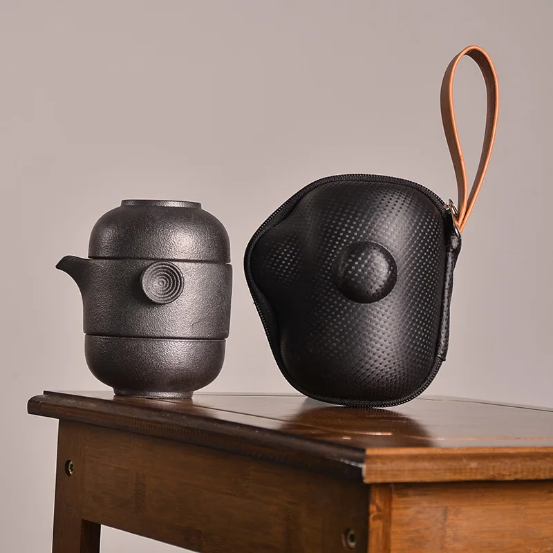 Черный TANGPIN керамический чайник, чайники gaiwan с 2 чашками для пуэр, набор чайников, портативный дорожный чайный набор, посуда для напитков - Цвет: Черный