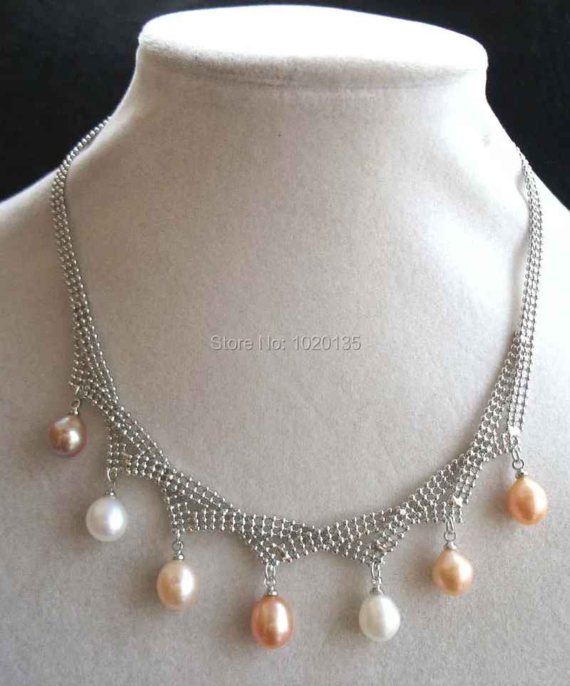 

wholesale freshwater pearl white pink purple rice necklace 8-9mm 18inch nature GP chain FPPJ