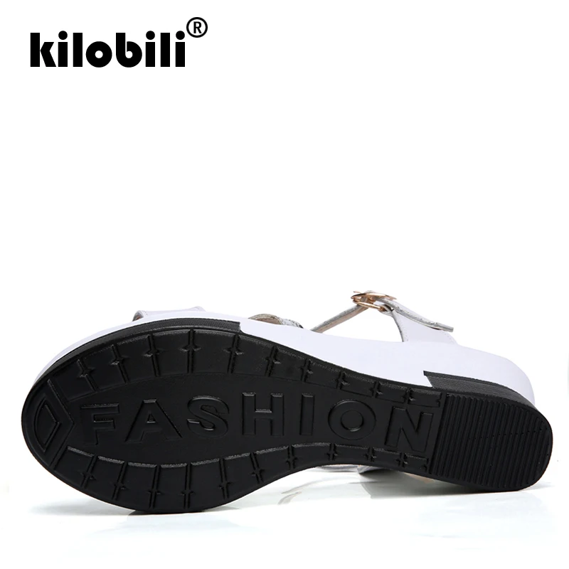 Kilobili/2019 г. женские босоножки модные кожаные на танкетке с Т образным ремешком