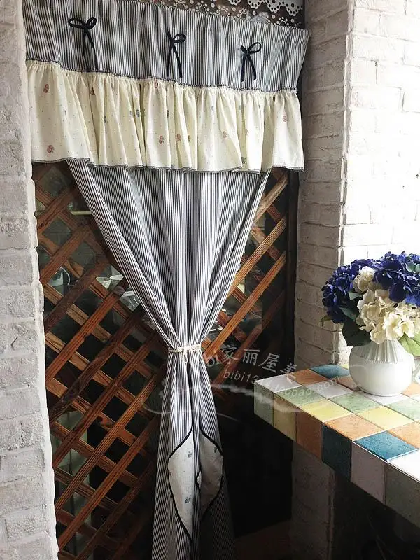 

Free shipping Cherry striped bow flounce rustic door curtain kitchen curtains for living room bedroom blinds 90*180cm customized