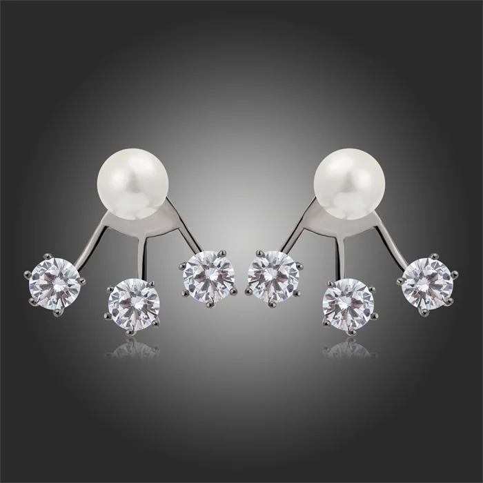 Gold Color Ear Jackets Clear Cubic Zircon CZ 8mm Pearl Back And Front Swing Stud Earrings Women Party Jewelry Bijoux|earring holder jewelry
