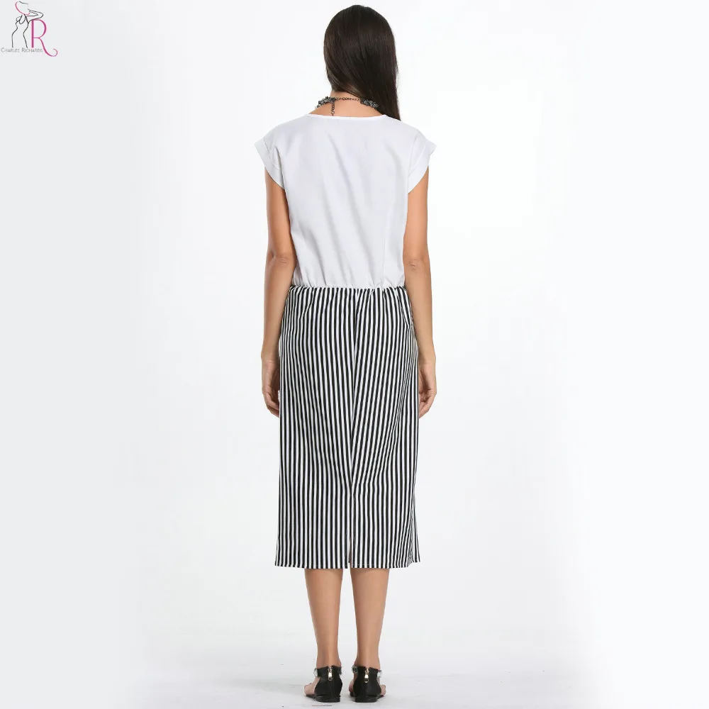 2015 Весенняя Летняя Мода Серое И Белое Полосатое Миди Платье С Рисунком Букв|blouse