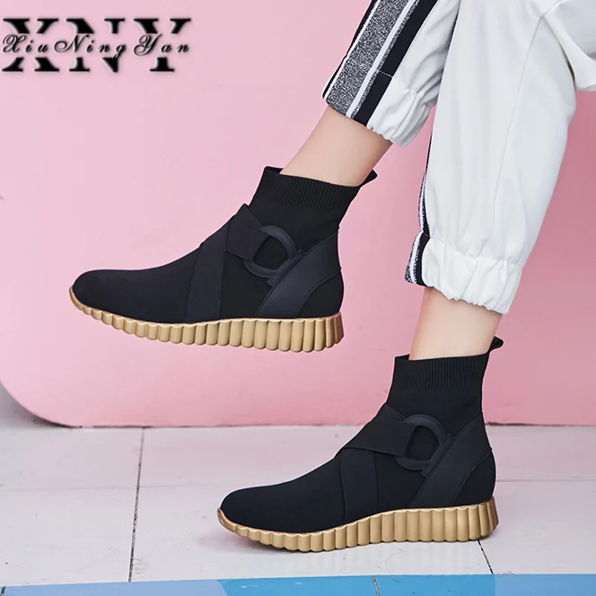 XiuningyanI 2019 Fashion Women Ankle Boot Stretch Fabric Short Socks Boots Booties Brand Shoes Casual Flat Platform Black | Обувь