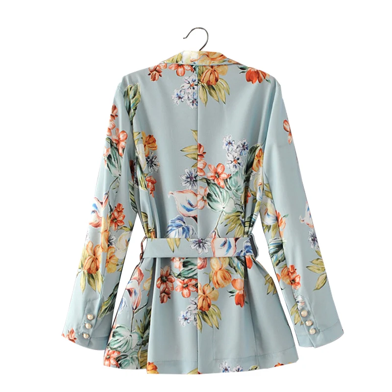 Женский винтажный пиджак с цветочным принтом повседневный поясом и длинными
